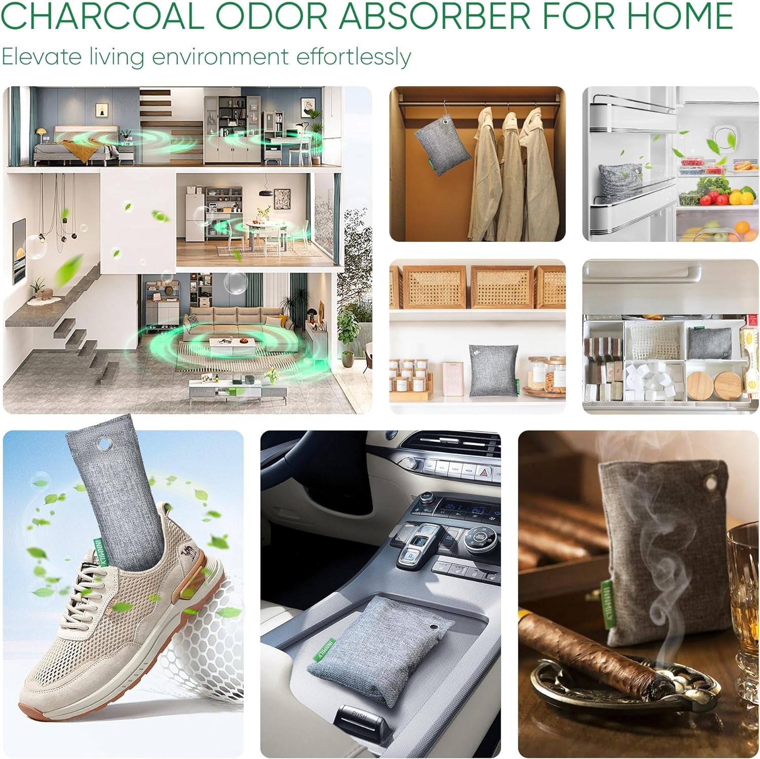 Activated Charcoal Odor Absorber,6 Pack Nature Odor Eliminator for Shoes, Bamboo Charcoal Air Purifying Bags,Shoe Deodorizer and Moisture Absorbers for Fresh Sneakers,Shoe Smell Remover