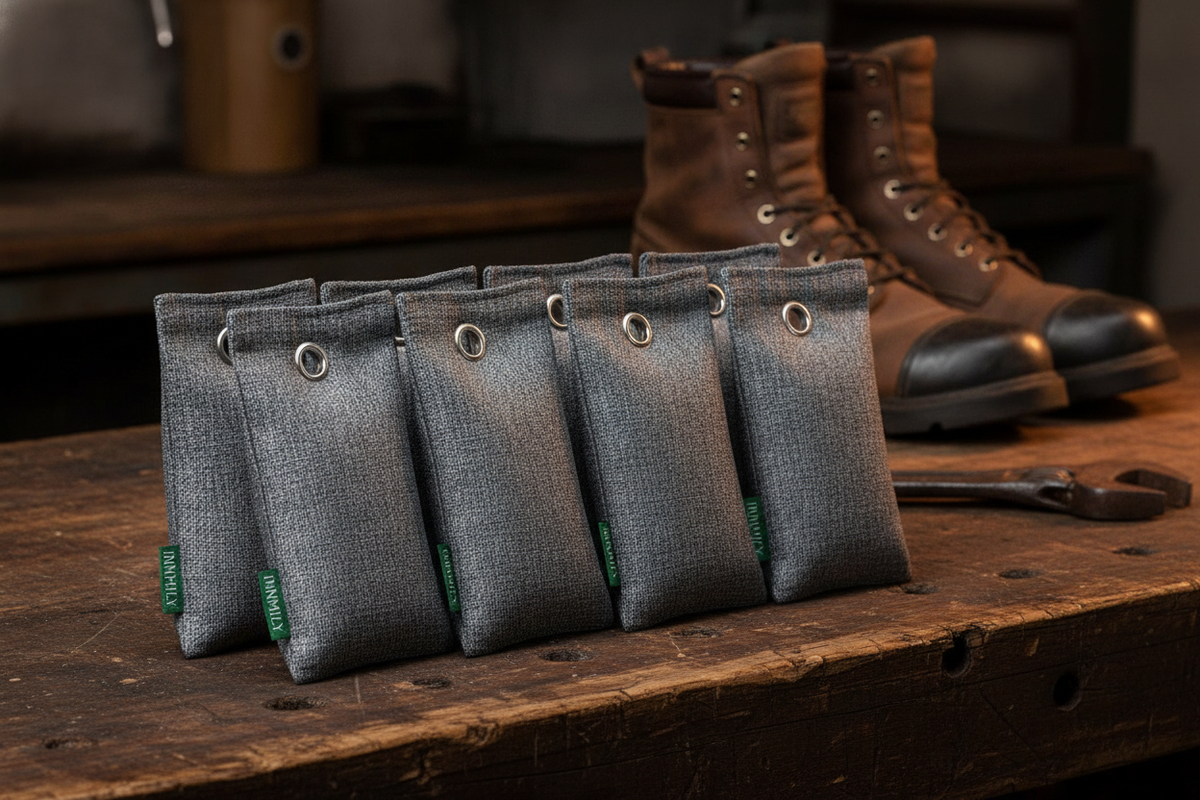 Six black activated charcoal odor absorber bags neatly arranged on a dark workbench, with a pair of out-of-focus work boots i
